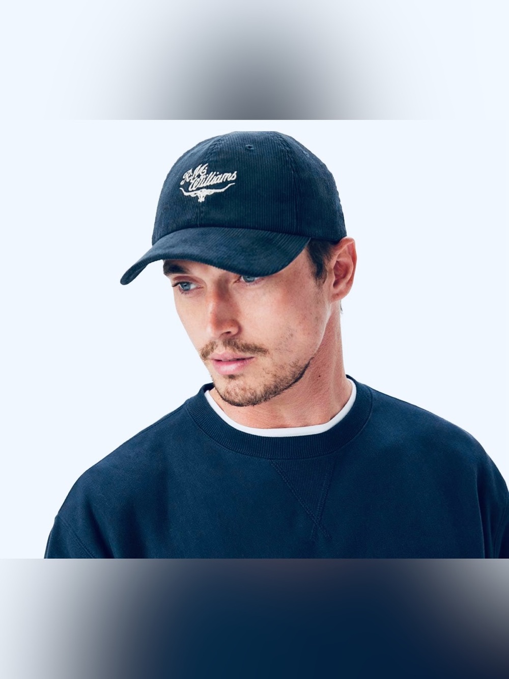 NEW R M Williams Script Longhorn Corduroy Cap Hat NAVY BLUE organic cotton